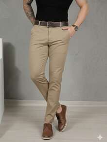 Men's Smart Casual Trousers, Premium Satin Fabric, Tailored Style, Welt Pockets - Camel - View 6