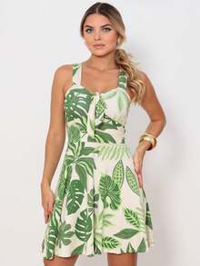 Women's Mini Dress, Loose Fit, Tropical Print, Blue, With Tie At The Bust, Adjustable Thin Straps, V-Neck, Defined Waist, Flared Skirt, Casual, Elegant, Summer, Beachwear, Travel, Vacation, Lightweight And Comfortable Look - 白色和綠色 - 查看 8