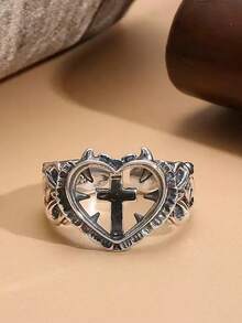 Punk Style Hollow Heart Cross Ring, Personalized Fashion Index Finger Ring, Minimalist Open Band - Antique Silver - View 5