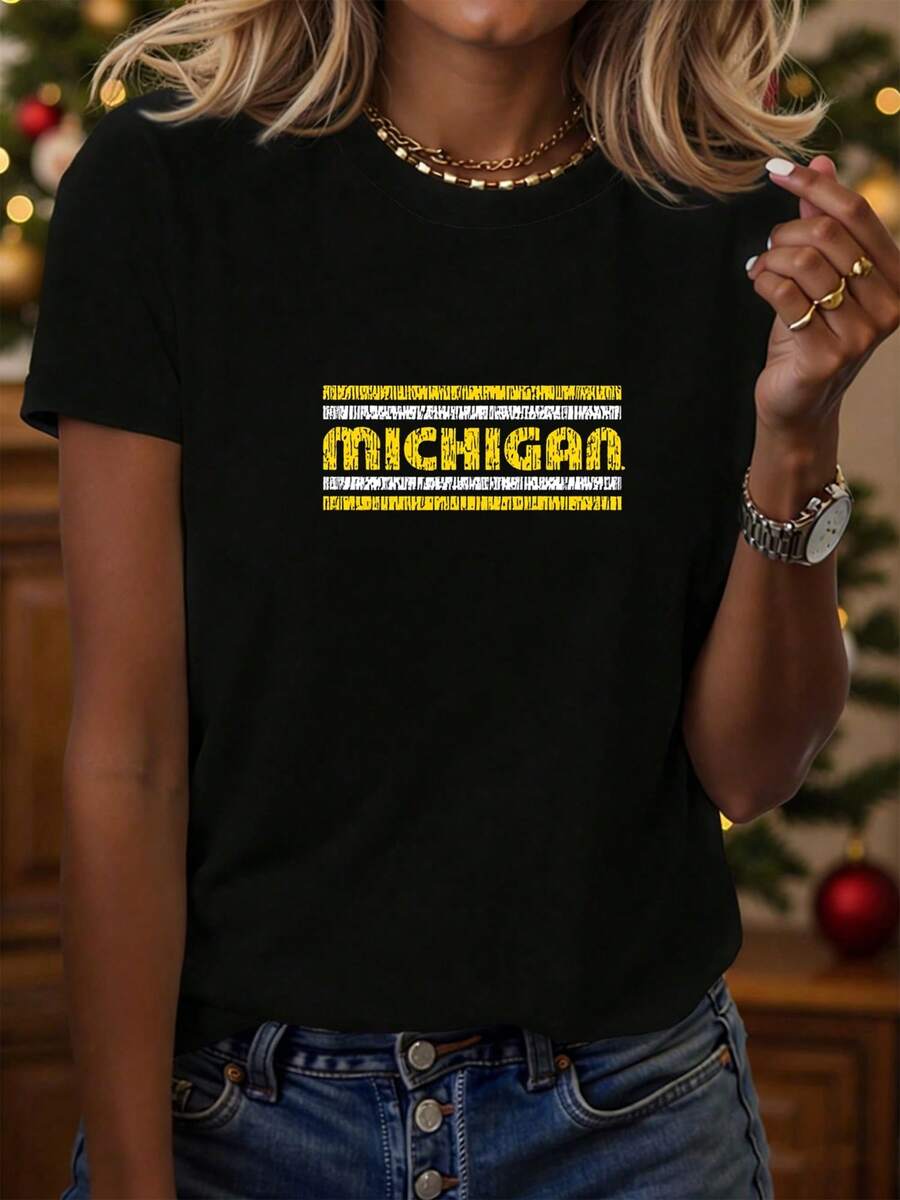Camisetas para Nino Deportivas Basicas Manga Corta Cuello Redondo Playeras Liso de Algodón Negro estilo tipográfico universitario Michigan letras amarillas brillantes con relieve deportivo look casual juvenil perfecto para fans de equipos college y moda urbana - Negro - Ver 1