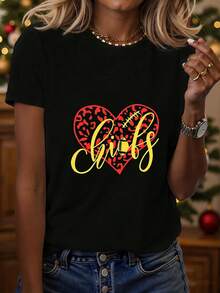 Playeras Niños Básicos Casual Verano Algodón de alta calidad Negro estampado corazón rojo animal print con palabra  en amarillo estilo cursiva ideal para mujeres jóvenes casual navidad reuniones familiares fiestas - Negro - Ver 1