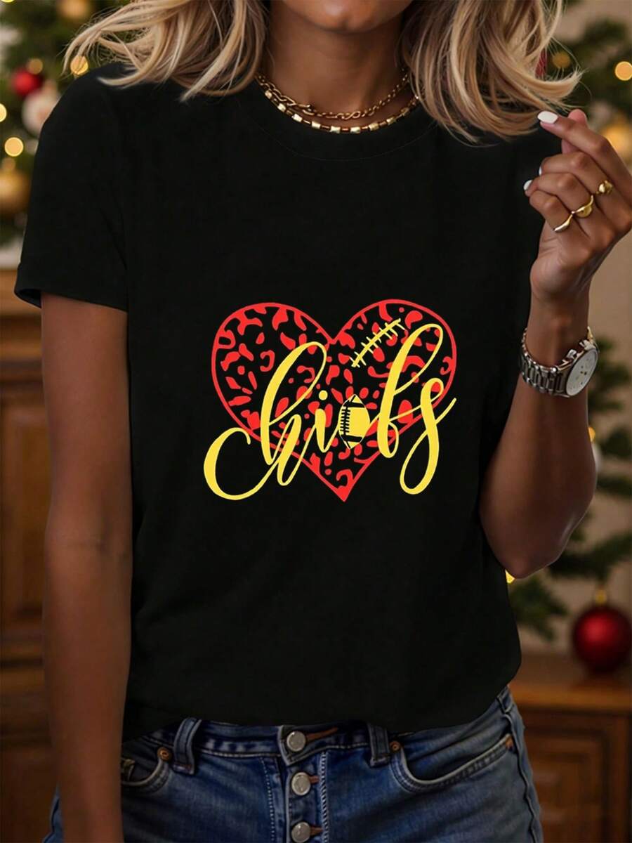 Playeras Niños Básicos Casual Verano Algodón de alta calidad Negro estampado corazón rojo animal print con palabra en amarillo estilo cursiva ideal para mujeres jóvenes casual navidad reuniones familiares fiestas - Negro - Ver 1