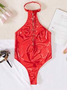 Sexy Leather Bodysuit With Bandage & Open Slit, Suitable For Home, Night Club, Motorcycle, Sleepwear, Rave - Red - View 12