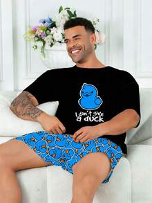 Plus Size Men's Pajama Set | Round Neck Short Sleeve Top And Elastic Waist Casual Shorts, 2 Pieces Set | Polyester Knit Fabric, Soft And Breathable, Loose And Comfortable | Cute Cartoon Funny Cute Little Blue Duck Print Casual Design - Black - View 1