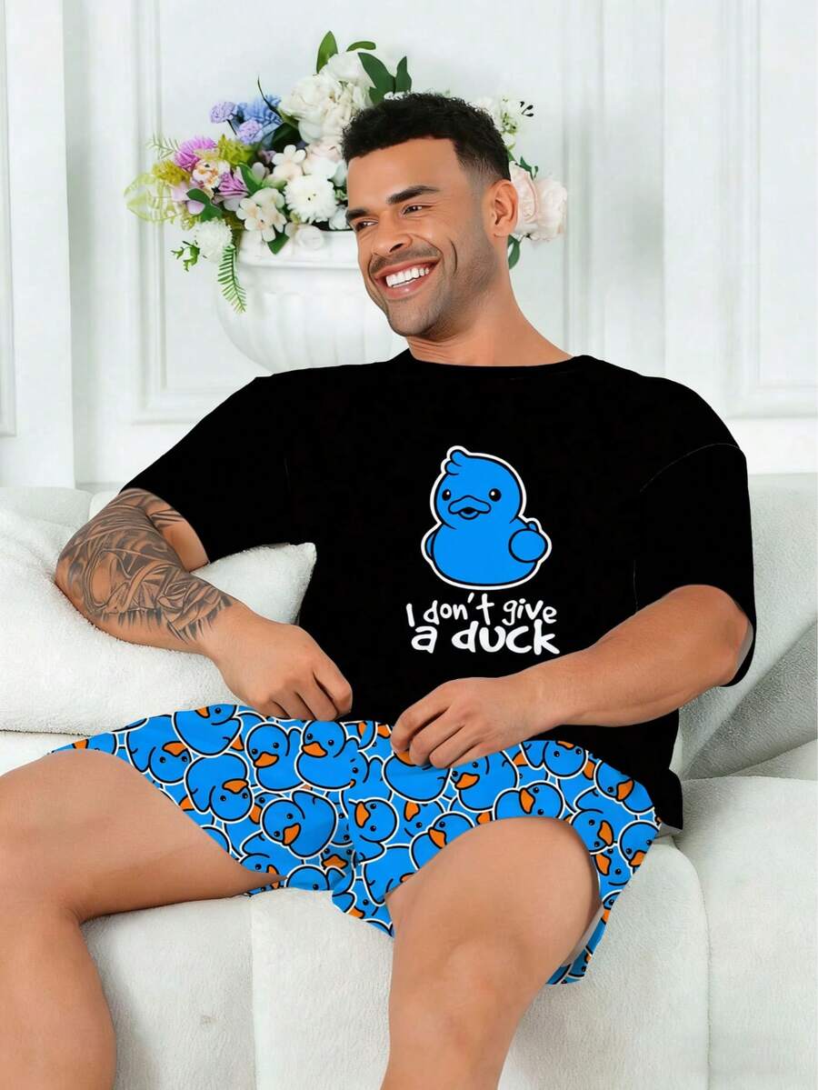 Plus Size Men's Pajama Set | Round Neck Short Sleeve Top And Elastic Waist Casual Shorts, 2 Pieces Set | Polyester Knit Fabric, Soft And Breathable, Loose And Comfortable | Cute Cartoon Funny Cute Little Blue Duck Print Casual Design - Black - View 1