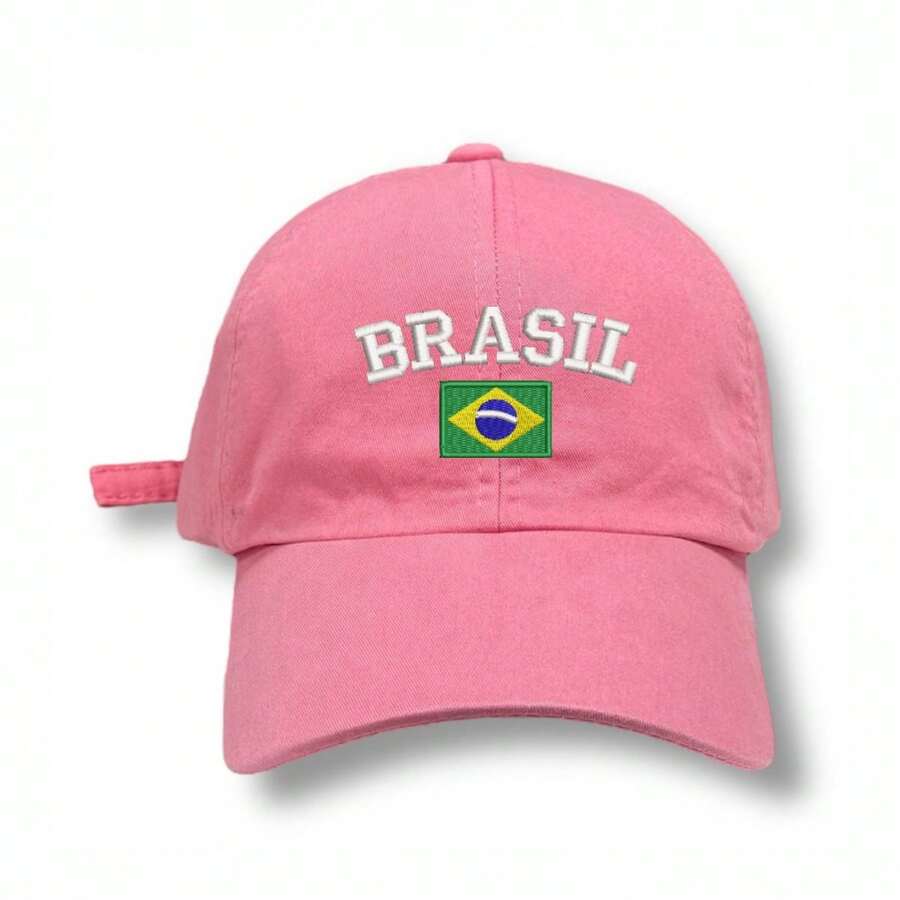 Unisex Dad Hat In 100% Cotton Twill With Curved Brim, Custom Embroidered "BRAZIL" With Brazilian Flag - 羅莎 - 查看 1