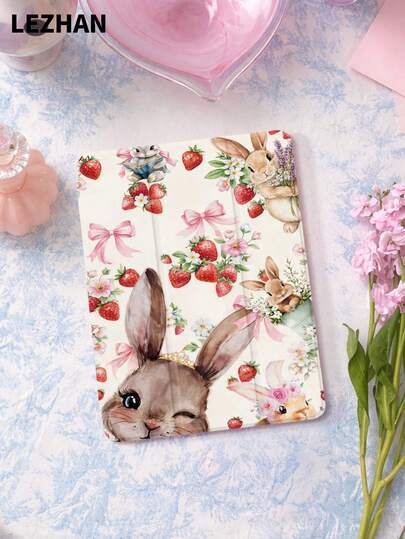 1个可爱草莓兔复活节图案平板电脑保护套，兼容(A16) 11英寸第11代2025款/第10代、10.2英寸、Pro 2021/2020款、Galaxy Tab A8 10.5英寸2022款、Matepad 10.4/Tab，防摔，带笔槽，支持睡眠/唤醒功能，适合送给孩子/家人，年末礼物，浪漫之选。