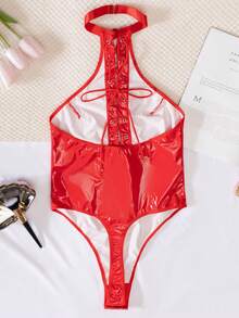 Sexy Leather Bodysuit With Bandage & Open Slit, Suitable For Home, Night Club, Motorcycle, Sleepwear, Rave - Red - View 7