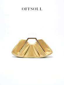 Vintage Asymmetrical Ruffle Cloud Clutch Bag, Unique Metal Hardware Handbag, High-End Retro Clutch Purse For Party, Banquet, Bags Ladies Elegant - 金色 - 查看 5
