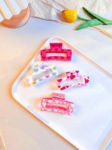 4pcs/Set Heart Print Hair Clips For Valentine's Day, Women Strong Grip Rectangular Hairpins With 4 Different Heart Designs In Pink Tones, Suitable For Various Valentine's Day Looks, Strong Non-Slip Grip - Multicolor - View 1