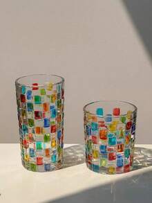 2 Sizes Bling Bling Rainbow Refractive Vintage Cups, Hand-Painted Checkered Woven Glass Water/Juice Cups - Color - View 8