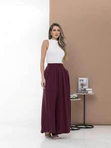 Women's Wide Leg High Waist Wide Leg Pants - Burgundy - View 1