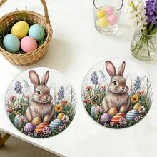 4pcs Spring Rabbit Tableware Set, Polyester Round Placemats, Hand Wash, Non-Slip, Washable, Easter Flower & Rabbit Pattern, Suitable For Home, Kitchen, Party, Restaurant Decor, Size 15 Inches - Multicolor - View 5