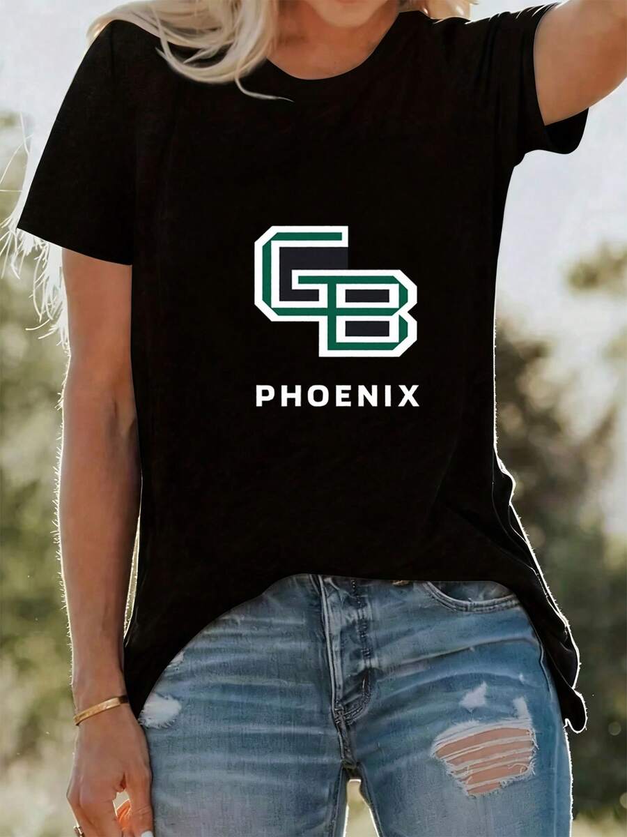 Playeras Curvy Holgada Bonitas Casual Algodón de alta calidad Verano negro logotipo gb phoenix diseño minimalista tipografia moderna unisex para jovenes amantes de moda casual urbana estilo sencillo y atractivo - Negro - Ver 1