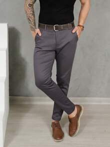 Men's Smart Casual Trousers, Premium Satin Fabric, Tailored Style, Welt Pockets - 深灰色 - 查看 7