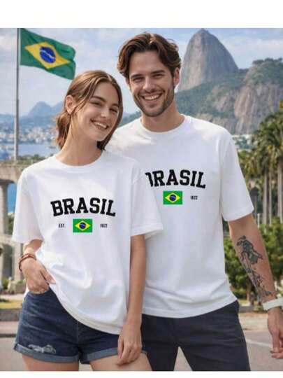 Kit 2 Camiseta Casal  Estampada Brasil 100%   Algodão    Copa  Básica  Rua  Esportes
