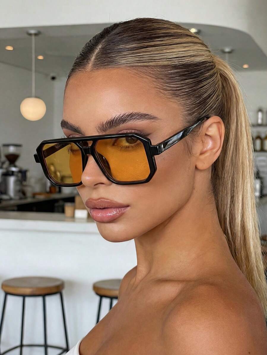 Kacamata Aviator Persegi Panjang Retro Unisex, Kacamata Mengemudi Klasik Pelindung UV untuk Perjalanan Luar Ruangan dan Liburan Pantai - Jeruk - View 1