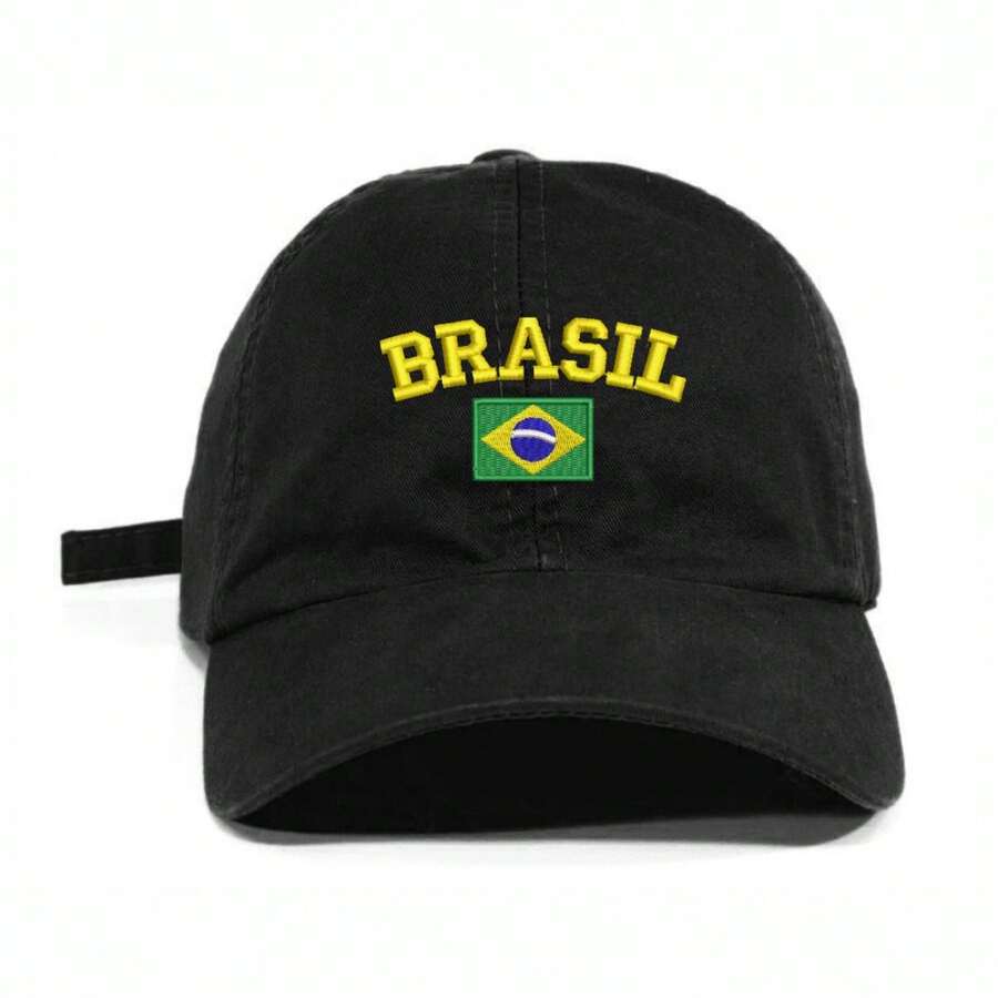 Unisex Dad Hat In 100% Cotton Twill With Curved Brim, Custom Embroidered "BRAZIL" With Brazilian Flag - 黑色 - 查看 1