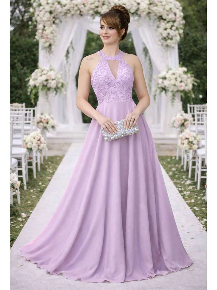 Bridesmaid Dresses For Graduations, American Collar, JD, With Discreet Tulle, Rose Marsala, Mint, Serenity, Red, Rose Gold, Coral - 紫丁香色 - 查看 1