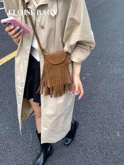 Bolso cruzado de ante con borlas diagonal de estilo bohemio minimalista y retro de doble cara