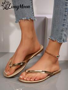 LangMoon金属质感人字拖，软底防滑耐磨，显瘦，夏季沙滩休闲凉鞋 - 金色拖 - 查看 6