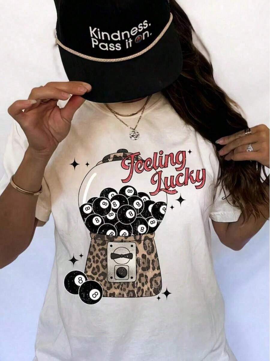 Feeling Lucky Shirt, Ball Tee, Aesthetic Shirt, Lucky Shirt, Feeling Lucky Cherry Graphic Tee, Graphic Tees, Womens Tops, Women's Casual Sports T-. Jpg Printed Shirts, Ladies' Tops, Printed Short-Sleeve One-Piece Shirts Print Y2K Crew Neck T Shirt For Women, Holiday, Vacation, Spring, Festival,Summer Clothes,Graphic Tees - Trắng 4 - Xem 1
