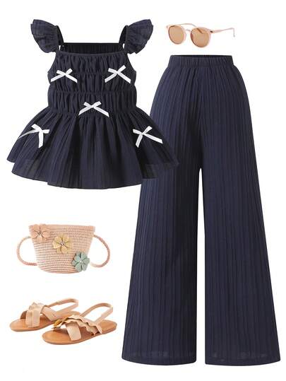 2pcs/Set Girls Casual Navy Blue Cap Sleeve Bow Decor Camisole + Loose Wide Leg Pants Set, Suitable For Summer