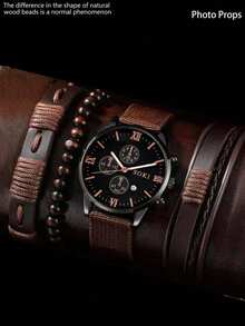 LIANDU LIANDU 一套男士手表，带日历功能，休闲、运动、时尚，工业风圆形表盘石英表，朋克风表带套装，PU编织环绕式腕带，适合日常佩戴，也是理想的礼物（无包装盒） - 棕色 - 查看 3