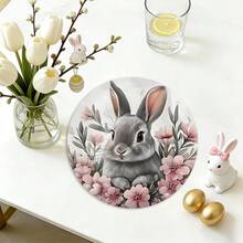 4pcs Spring Rabbit Tableware Set, Polyester Round Placemats, Hand Wash, Non-Slip, Washable, Easter Flower & Rabbit Pattern, Suitable For Home, Kitchen, Party, Restaurant Decor, Size 15 Inches - Multicolor - View 6