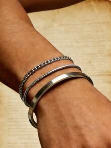 3 件/套男士不锈钢金色可调节 C 形手链带链条，适合日常佩戴、父亲节、情人节、周年纪念日、男友生日礼物、圣诞节、新年派对礼物 - 彩色 - 查看 3