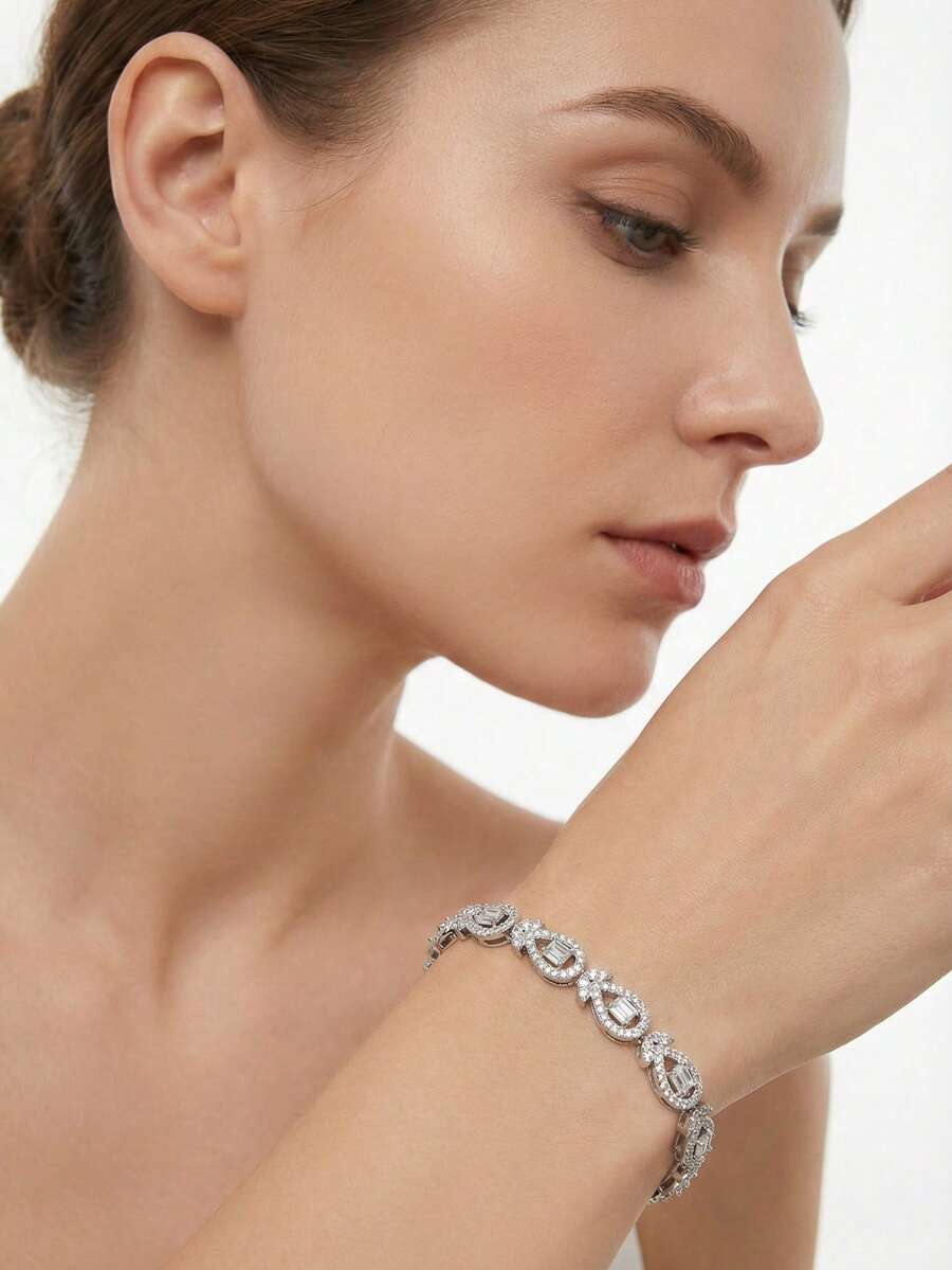 1 Set Luxury Elegant Cubic Zirconia Inlaid Teardrop Design Bracelet, Suitable For Women's Wedding & Party Wear, Excluding Gift Box - Silver - View 1