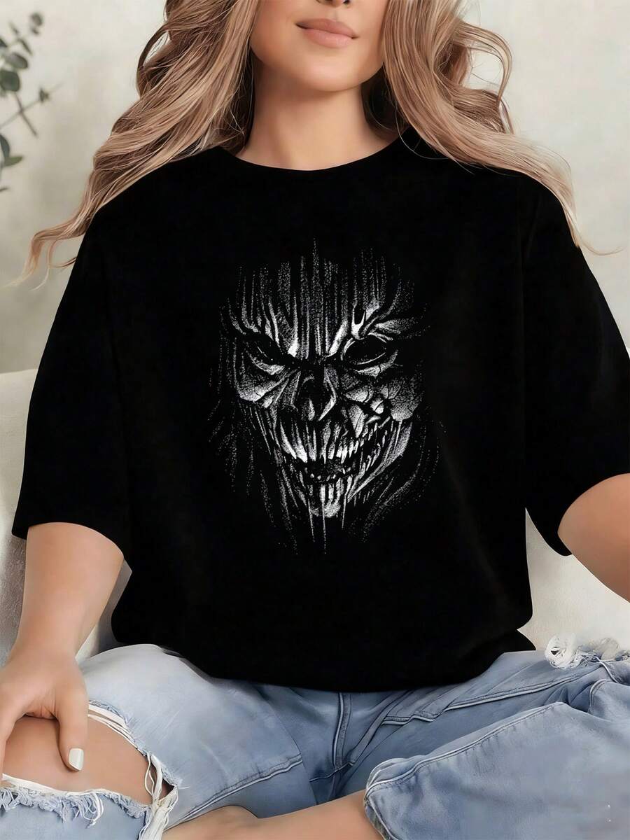 Playera Pareja vintage liso Casual Algodón Negro estilo terror calavera demoníaca sonrisa macabra efecto sombras fondo oscuro rostro amenazante ideal fanáticos del horror urbana adolescentes - Negro - Ver 1