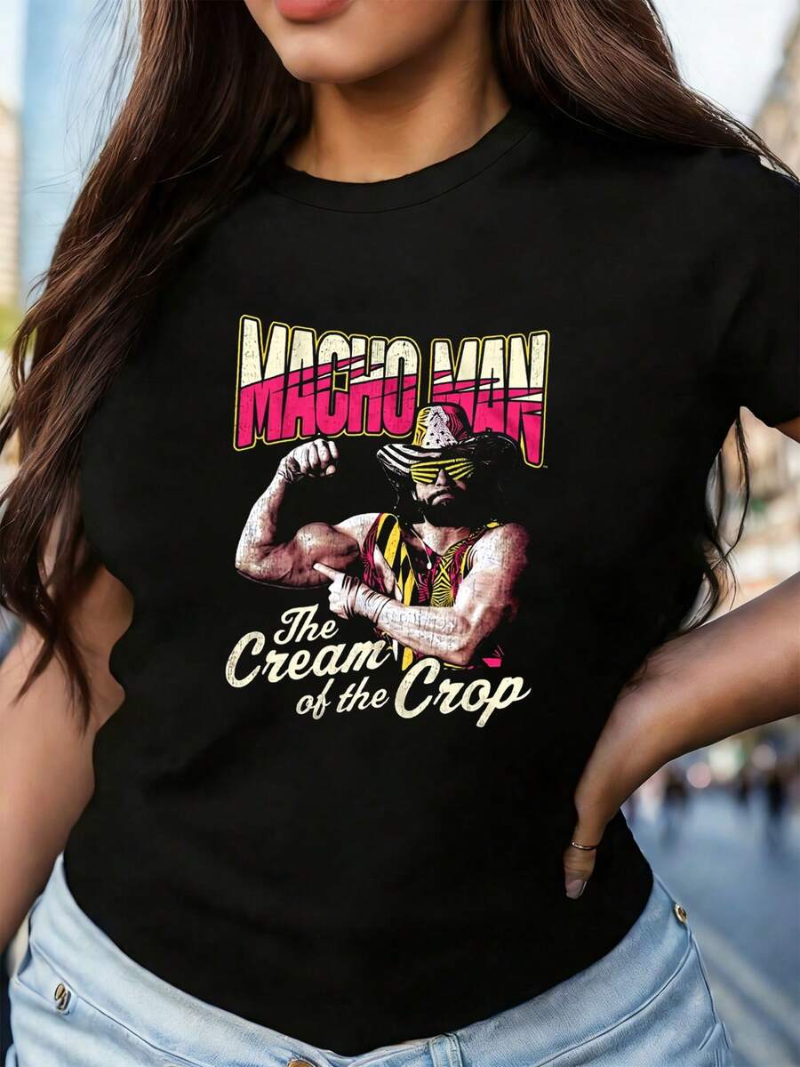 Camiseta De Algodón Mujer Estampada  Oversize De  Básicas  De Manga Corta Y Cuello Redondo Negro estilo retro Macho Man leyenda de lucha libre con frase The Cream of the Crop pose musculosa lentes banda y sombrero ideal para fans nostálgicos adultos - Negro - Ver 1