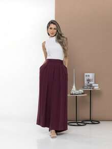 Women's Wide Leg High Waist Wide Leg Pants - Burgundy - View 9