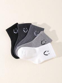 5 Pairs Kids Black & White Smiling Face Socks, All-Match Versatile Mid-Calf Socks, Casual Short Socks For All Seasons - Black and White - View 7