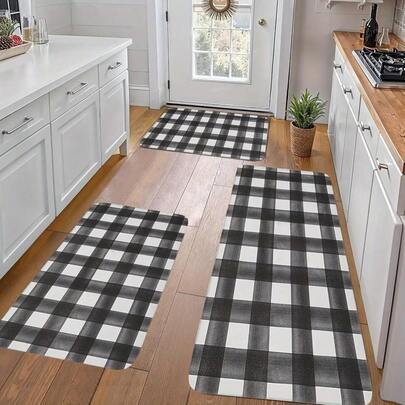 Flannel Floor Mat  Product: Sponge Thickness: 10mm, Gram Weight 500 Per Square Meter)  Soft Kitchen Carpet, Anti-Slip, Flannel Material, Black And White Checkered Pattern, Suitable For Kitchen