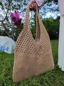 Women's Tote Bag, Back To School Crochet Woven Bag, Large Women's Handbag, Women's Knitted Shoulder Bag, Crochet Woven Bag, Girls' Crochet Woven Bag, Summer Beach Tote Bag, Large Capacity Student Summer Tote Bag, Women's Beach Sand-Resistant Knitted Shoulder Bag, Vintage Hollow Floral Decor Supermarket Shopping Handbag - Camel - View 6