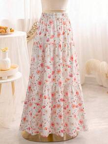 Women's Floral Print Polyester Tiered Flare Skirt, A-Line Casual Elegant Ruffle Hem Design, Non-Stretch - Multicolor - View 1