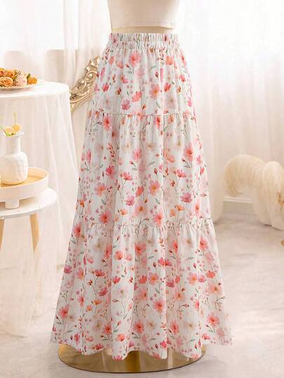Women's Floral Print Polyester Tiered Flare Skirt, A-Line Casual Elegant Ruffle Hem Design, Non-Stretch