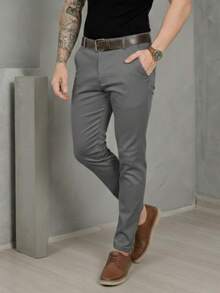 Men's Smart Casual Trousers, Premium Satin Fabric, Tailored Style, Welt Pockets - 灰色 - 查看 11