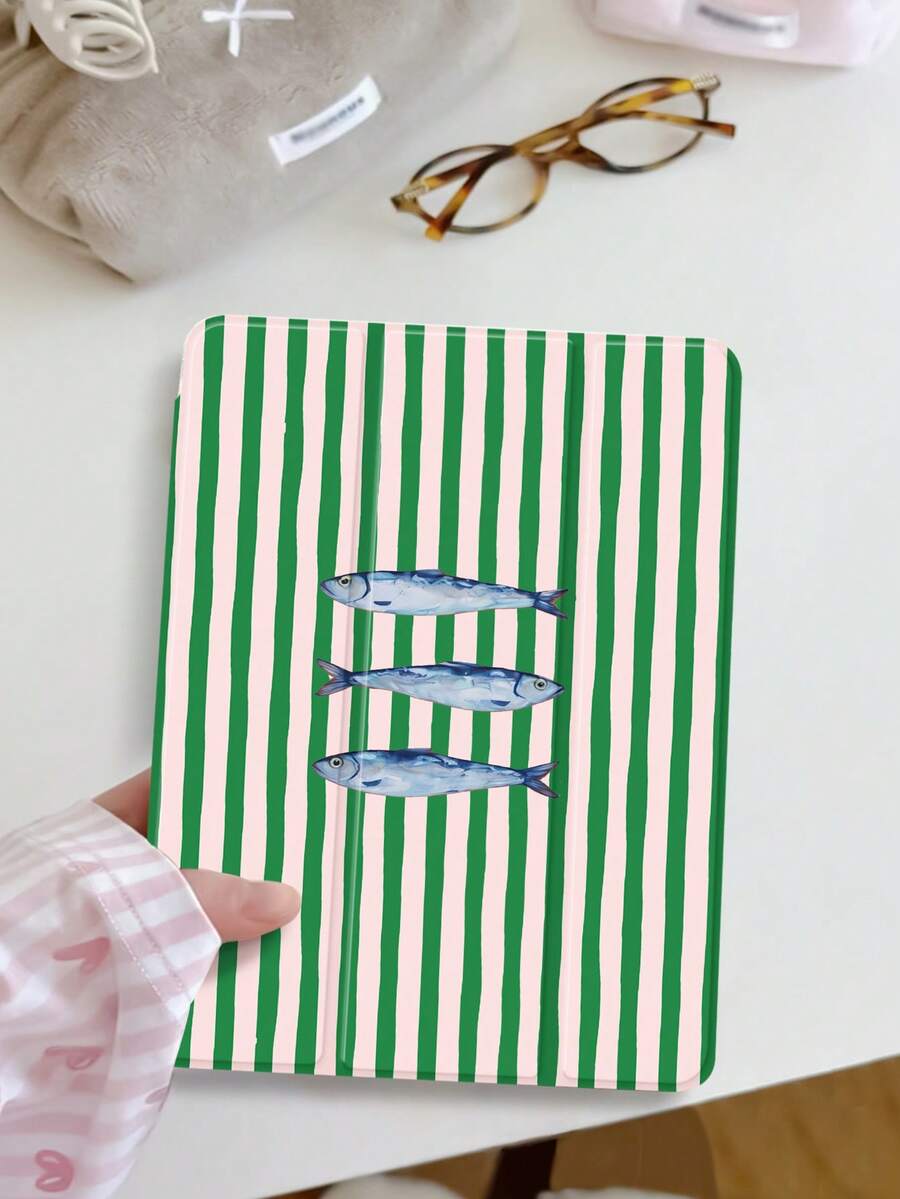 1pc Green Striped Fish Illustration Pattern Tablet Protective Case, Compatible With 10.2" 2021/2020 10th/9th/8th Gen, (A16) 11" 11th Gen 2025, Galaxy Tab A8 10.5" 2022, / Tablets, With Pencil Slot, Auto Sleep/Wake Cover - Multicolor - View 1