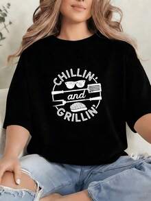 Playeras Niño estampado Casual verano Algodón Negro estampado barbacoa Chillin and Grillin con gafas de sol espátula trinche y bistec en círculo Parrillada picnic o reunión de amigos - Negro - Ver 1