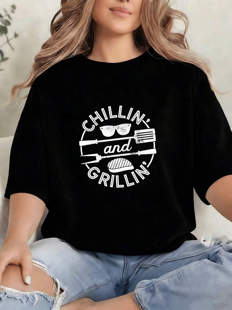 Playeras Niño estampado Casual verano Algodón Negro estampado barbacoa Chillin and Grillin con gafas de sol espátula trinche y bistec en círculo Parrillada picnic o reunión de amigos - Negro - Ver 1
