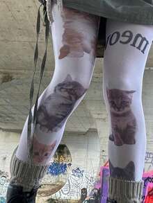 1双女士天鹅绒猫咪印花连裤袜，可爱迷人，猫咪爱好者必备，时尚性感，优雅舒适，适合各种场合，尤其适合情人节、约会、日常穿着和工作场合。 - 彩色 - 查看 3