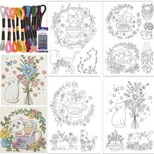 4 hojas de estabilizador de bordado hidrosoluble para pegar y coser, 14 piezas de patrones de bordado pre-impresos con gatos y flores para principiantes - A - Ver 16