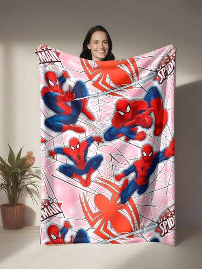  Marvel Spider-Man Themed Flannel Blanket, With Dense Spider-Man Figures And Web Elements, Strong Visual Impact, Main Colors Are Red, Blue And White, Warm And Soft, Can Be Used As Sofa Cover, Nap Blanket, Bedding Decor Blanket, Etc.