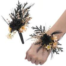 Corsage And Boutonniere Set - Black Wristlet For Men Prom Dark Wrist Corsage For Goth Wedding Ceremony - Black-gold - View 1