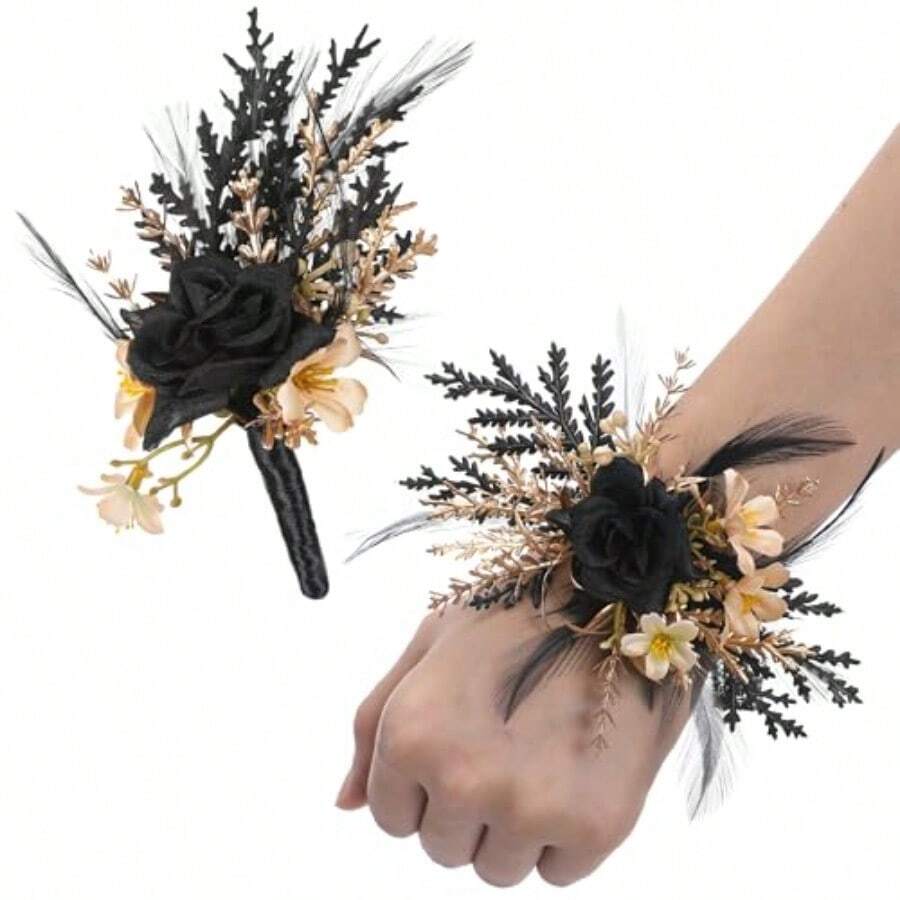 Corsage And Boutonniere Set - Black Wristlet For Men Prom Dark Wrist Corsage For Goth Wedding Ceremony - Black-gold - View 1
