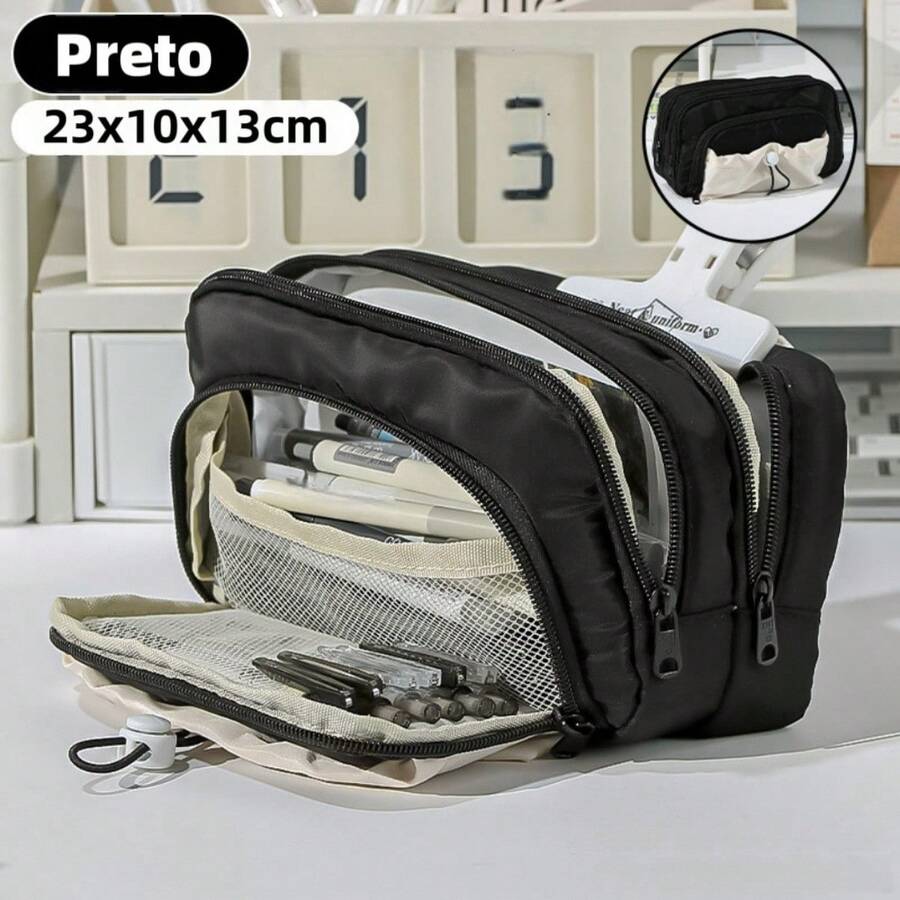 Kawaii School Pencil Case, Large Capacity, With 4 Compartments, Back To School, Korean Stationery - Black - View 1
