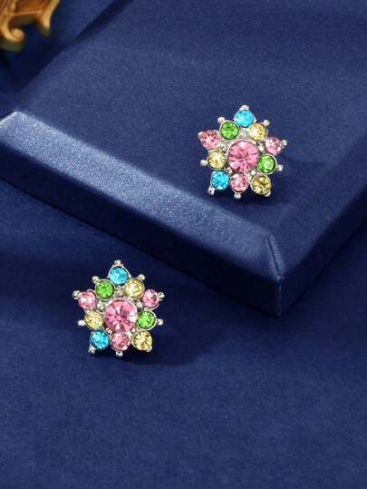 1 Pair Casual Basic Colorful Rhinestone Decor Flower Stud Earrings Summer Beach Vacation Party Jewelry Accessories For Women